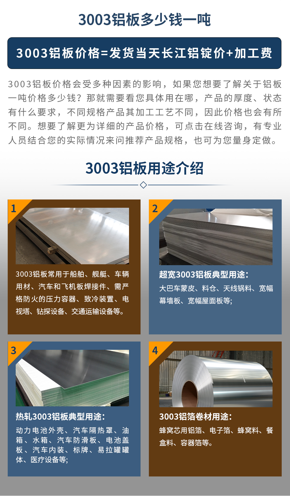 3003鋁板用途介紹
　　3003鋁板常用于船舶、艦艇、車輛用材、汽車和飛機板焊接件、需嚴格防火的壓力容器、致冷裝置、電視塔、鉆探設備、交通運輸設備等。超寬3003鋁板典型用途：大巴車蒙皮、料倉、天線鍋料、寬幅幕墻板、寬幅屋面板等;熱軋3003鋁板典型用途：動力電池外殼、汽車隔熱罩、油箱、水箱、汽車防滑板、電池蓋板、汽車內裝、標牌、易拉罐罐體、醫療設備等;3003鋁箔卷材用途： 蜂窩芯用鋁箔、電子箔、蜂窩料、餐盒料、容器箔等。